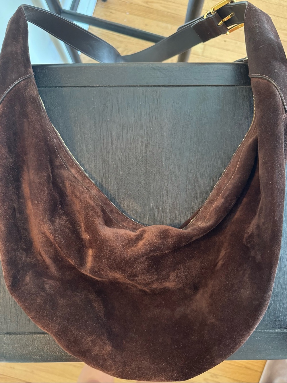 KHAITE Dark Brown Suede Hobo Crossbody Bag with Black Strap - Picture 3 of 4